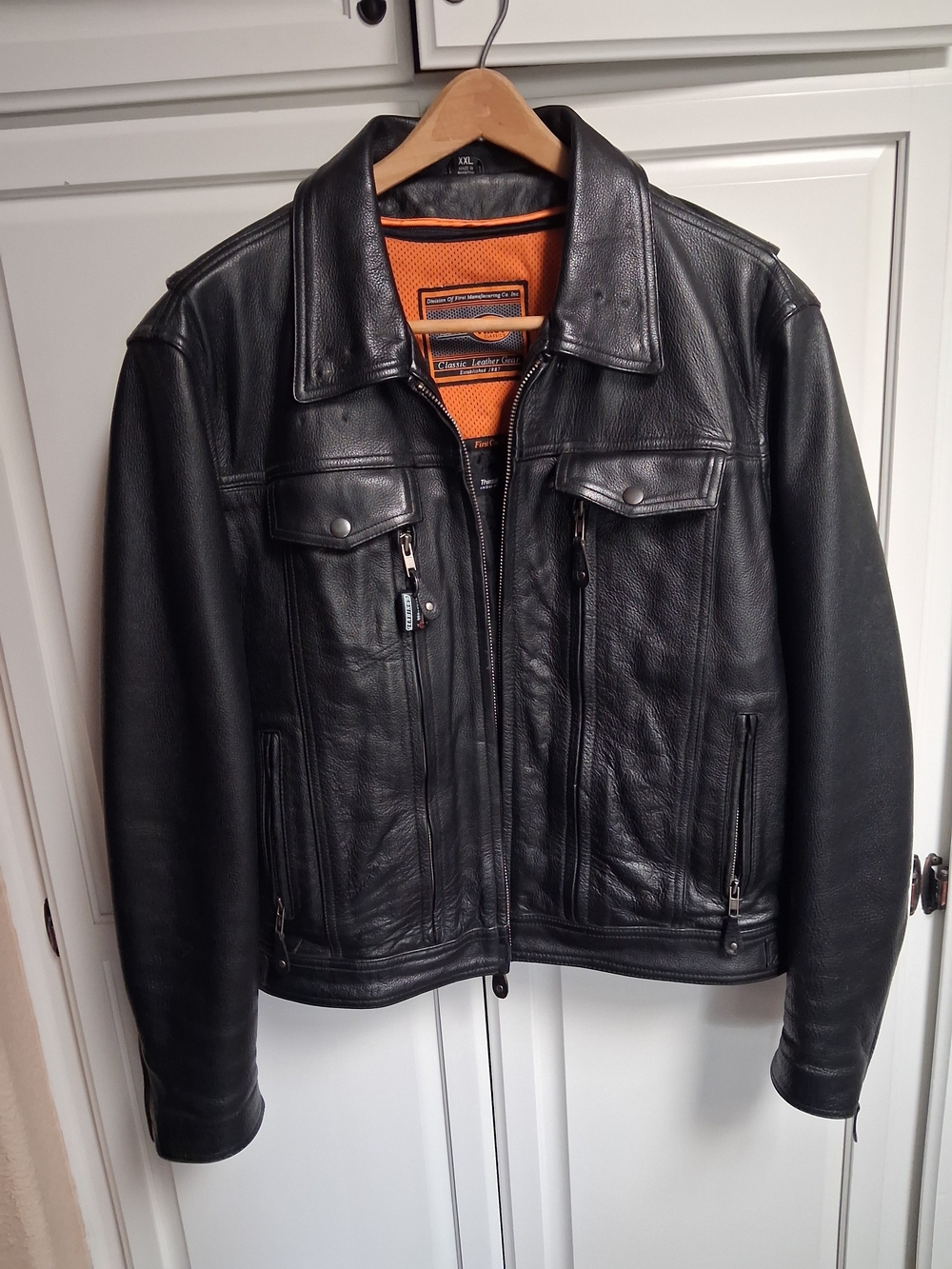 Black Leather Motocycle  Jacket with Orange Lining